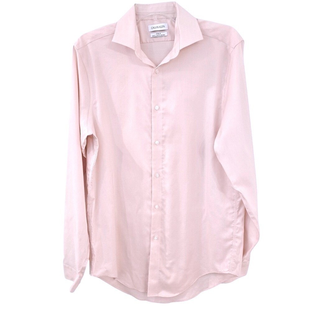 Calvin Klein Steel+ Dress Shirt Mens 15.5 34/35 Slim Fit Pink Non-Iron Stretch